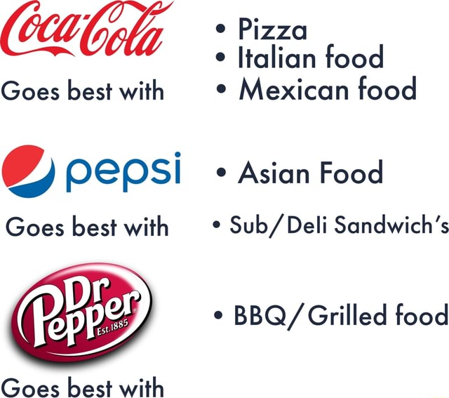 Cola Pizza Italian food Goes best with Mexican food pepsi Asian Food ...