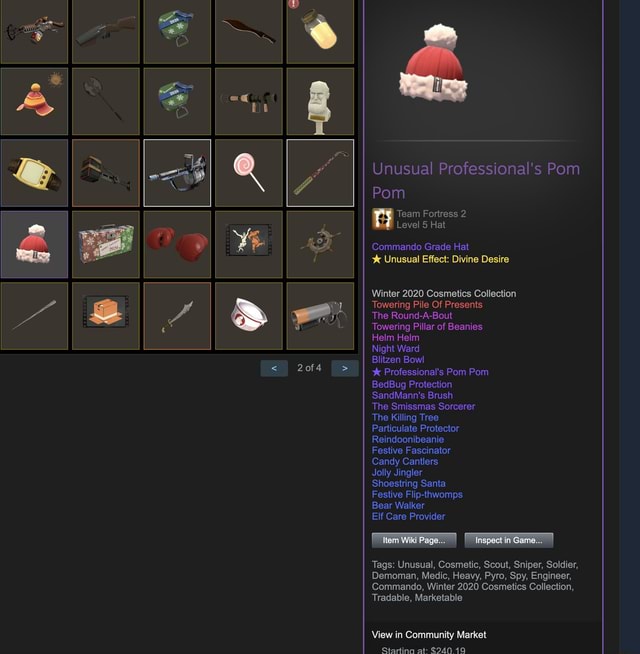 Unusual Professional S Pom Pom Team Fortress 2 Level 5 Hat Commando Grade Hat Unusual Effect Divine Desire Winter Cosmetics Collection Towering Pile Of Presents The Round A Bout Towering Pillar Of Beanies Helm