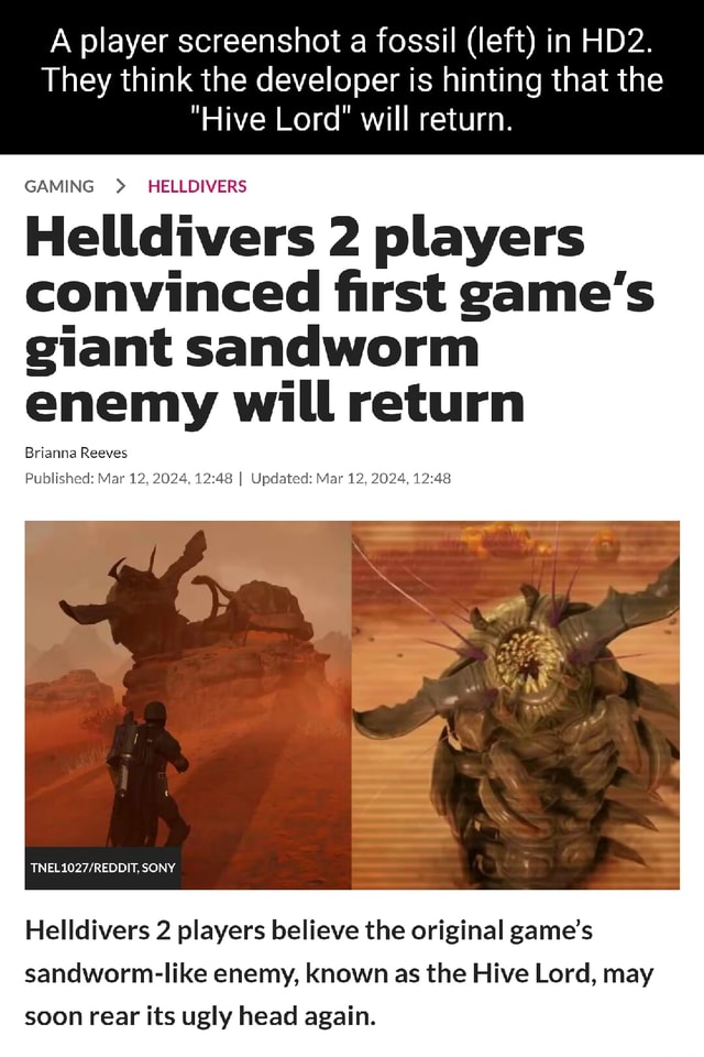 A player screenshot a fossil (left) in They think the developer is hinting that the "Hive Lord
