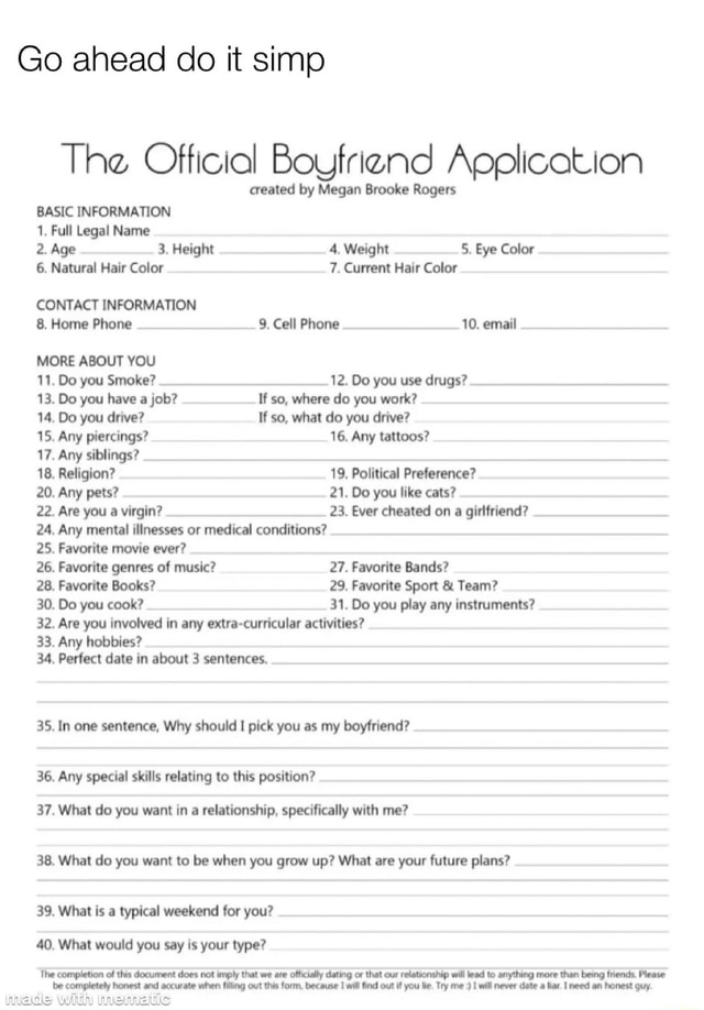 Go ahead do it simp The Official Boyfriend Application created by Megan ...