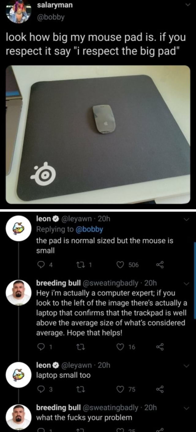 Salaryman bobby look how big my mouse pad is. if you respect it say "i