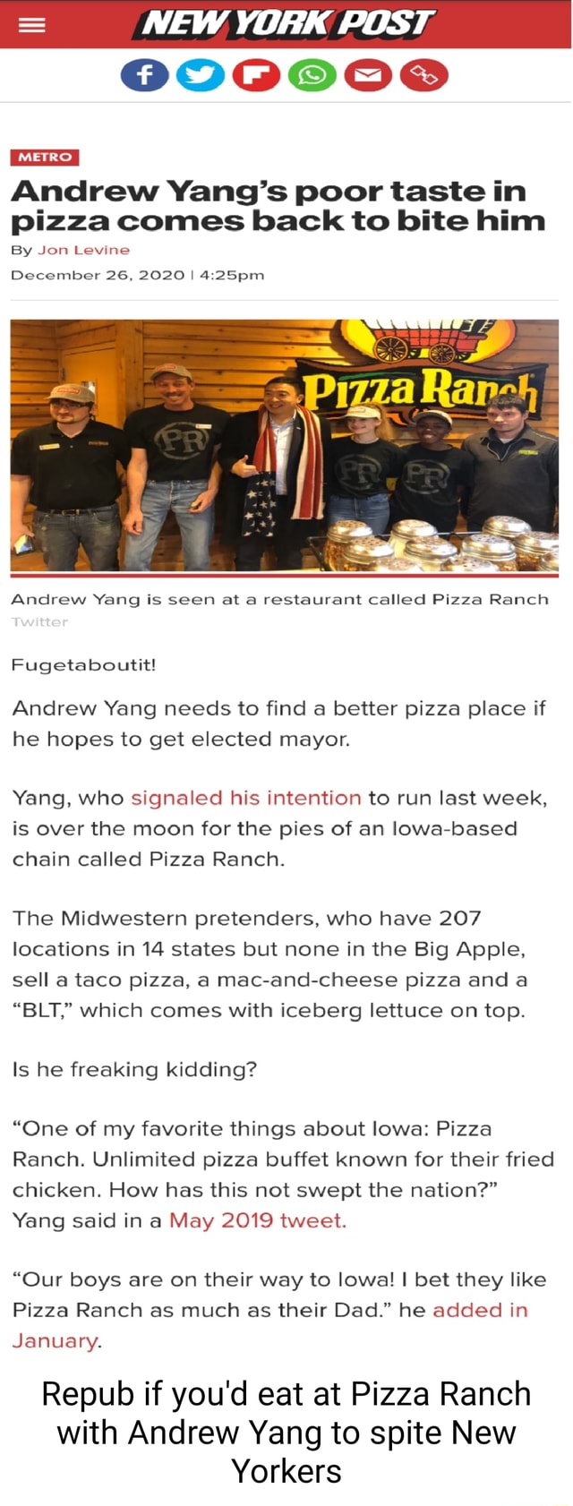 = NEW YORK POST Andrew Yang's poor taste in pizza comes back to bite