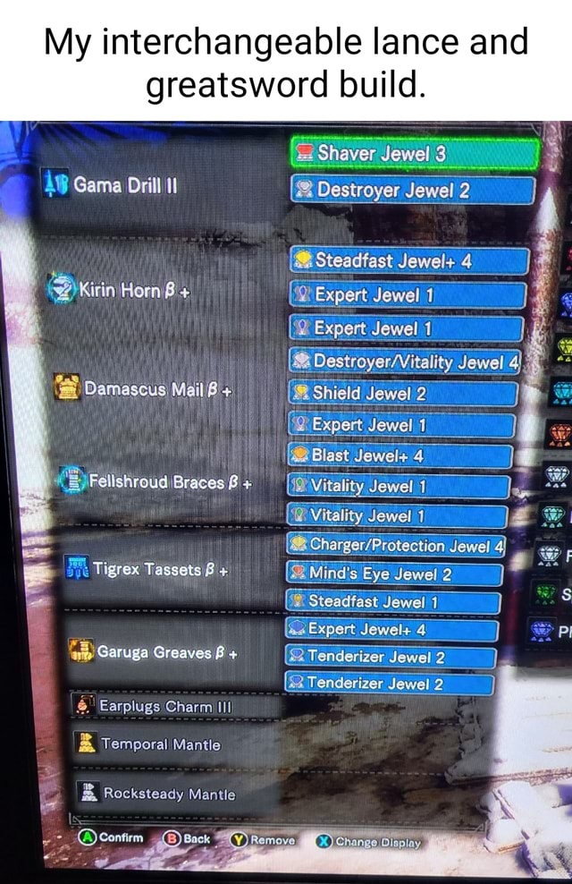 My interchangeable lance and greatsword build. Jewel Jewel Jewels