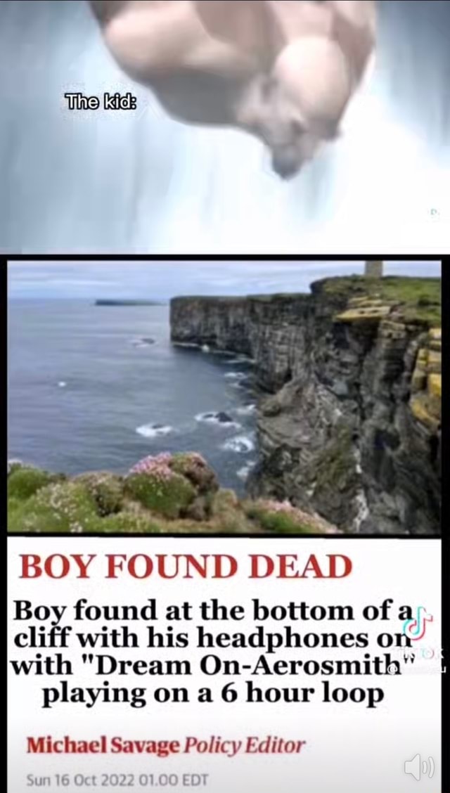 The BOY FOUND DEAD Boy found at the bottom of a, cliff with his headphones on with "Dream On 