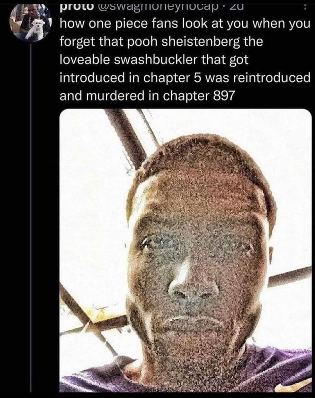 How One Piece Fans Look At You When You Forget That Pooh Sheistenberg The Loveable Swashbuckler That Got Introduced In Chapter 5 Was Reintroduced And Murdered In Chapter 7 How One Piece Fans Look At You When You Forget That Pooh Sheistenberg The Loveable Swashbuckler That Got Introduced In Chapter 5 Was Reintroduced And Murdered In Chapter 7