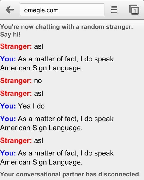You Re Now Chatting With A Random Stranger Say Hi Stranger Asl You As A Matter Of Fact I Do Speak American Sign Language Stranger No Stranger Asl You Yea I Do You
