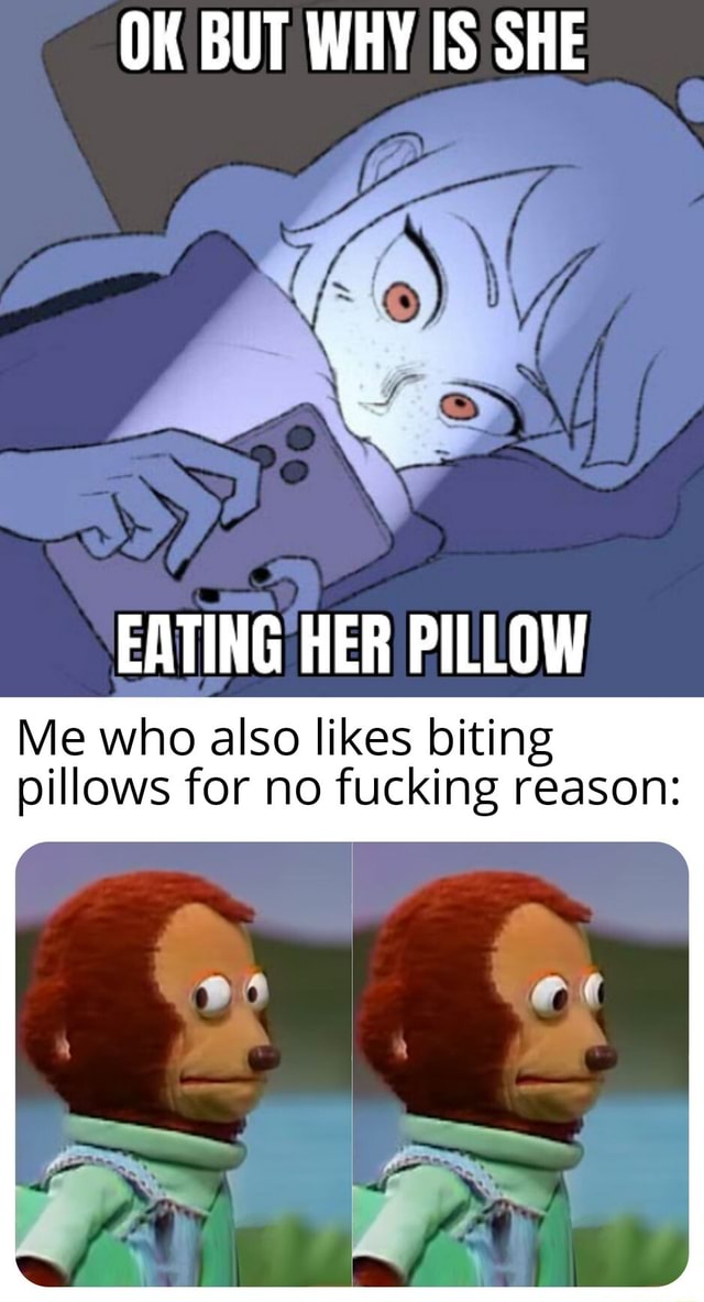 OK BUT WHY IS SHE EATING HER PILLOW Me who also likes biting pillows