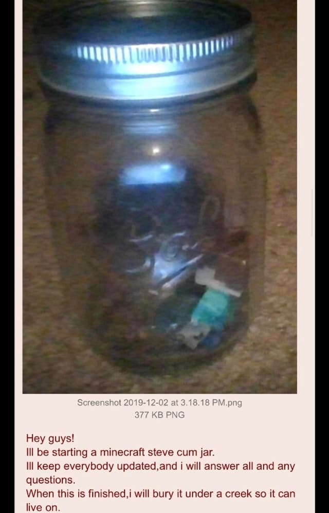 Hey Guys Ill Be Starting A Minecraft Steve Cum Jar Lll Keep Everybody Updated And I Will Answer All And Any Questions When This Is Finished I Will Bury It Under A Creek