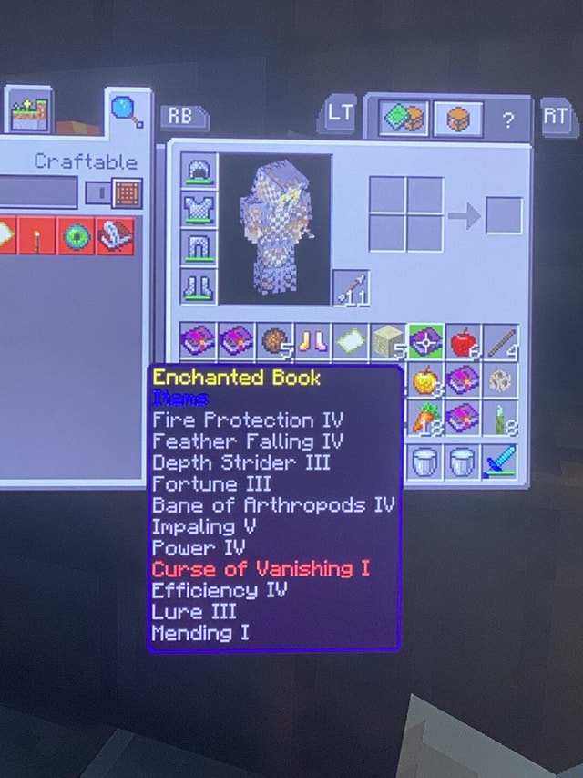 Craftable Enchanted I Book Fire Protection Iv Feather Falling Iv Depth Strider Iii Fortune Iii Bane Of Arthropods Iv Impaling Power Iv Curse Of Vanishing I Efficiency Iv Lure Iii Mending I