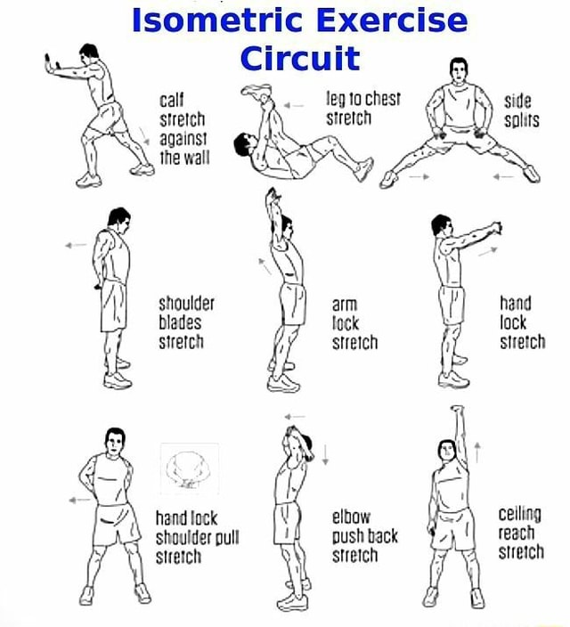 Isometric Exercise Circuit .legtochest stretch calf stretch against the