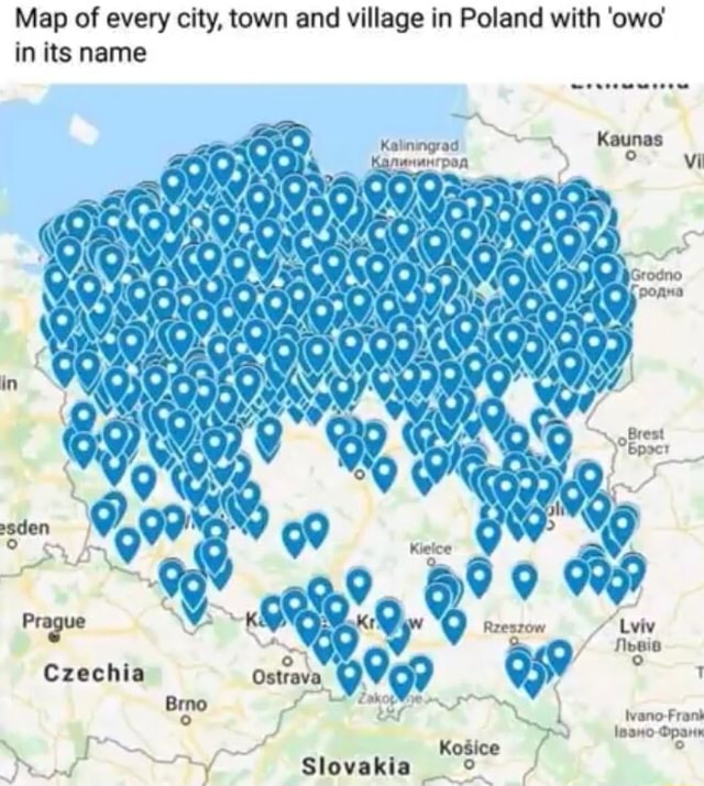 Map of every city, town and village in Poland with 'owo' in its name ...