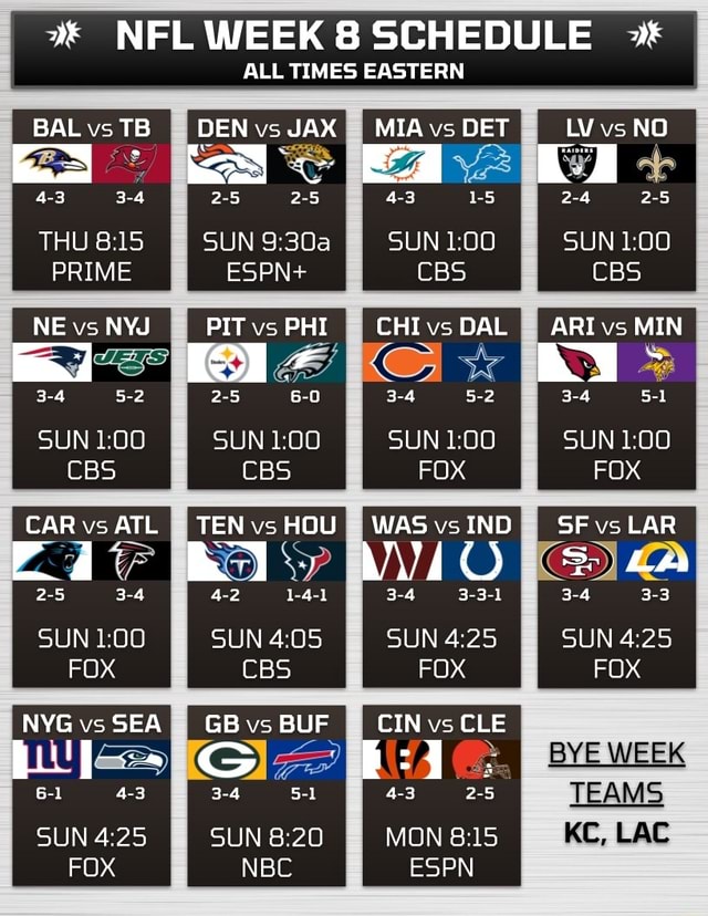 NFLWEEK 8 SCHEDULE ALL TIMES EASTERN BAL vs TB DEN vs JAX MIA vs DET LV