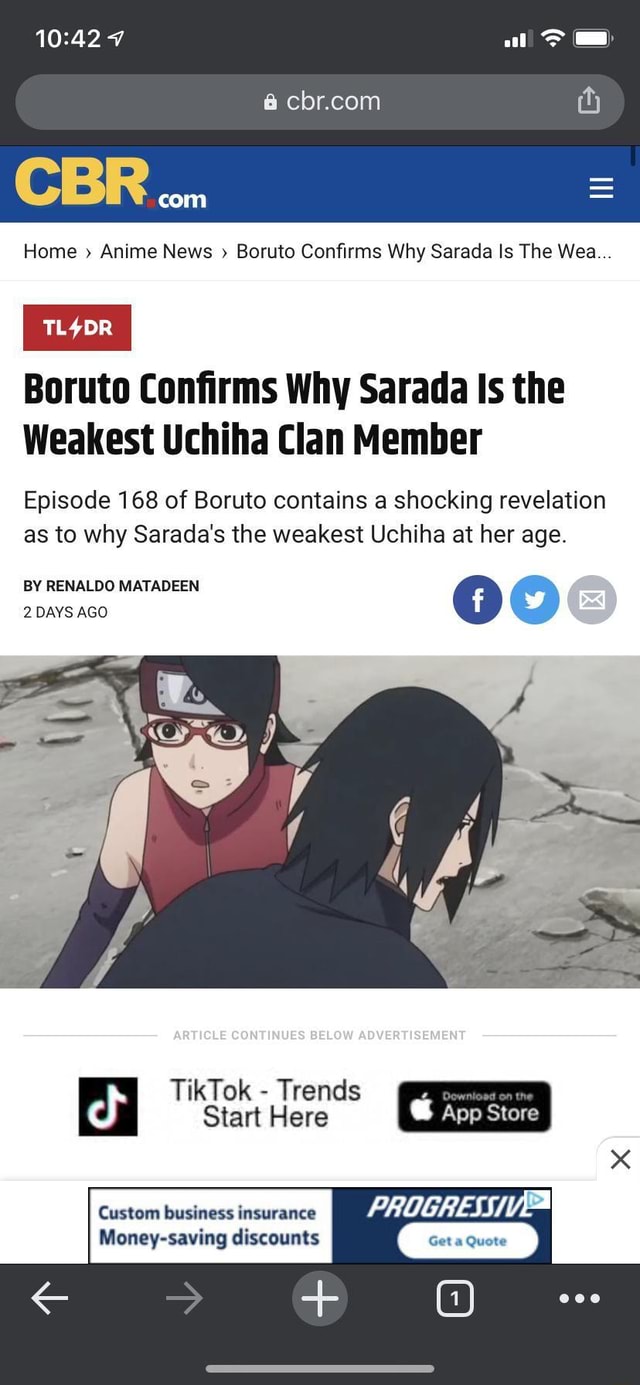 Com TL4DR Home Anime News Boruto Confirms Why Sarada Is The Wee... Boruto  Confirms Why Sarada Is the Weakest Uchiha Clan Member Episode 168 of Boruto  contains a shocking revelation as to