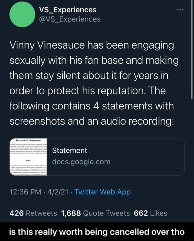 Vinny Vinesauce has been engaging sexually with his fan base and making them stay silent about