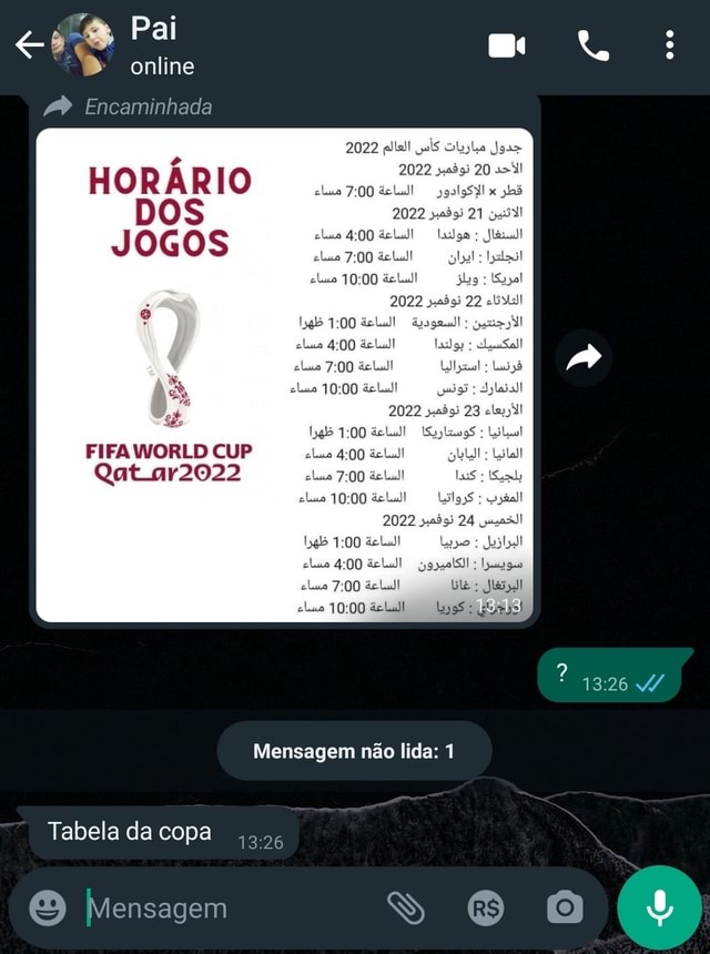 Pai online /9 Encaminhada HORÁRIO DOS JOGOS FIFA VWORLD CUP Qat ar2022  Tabela da copa Mensagem