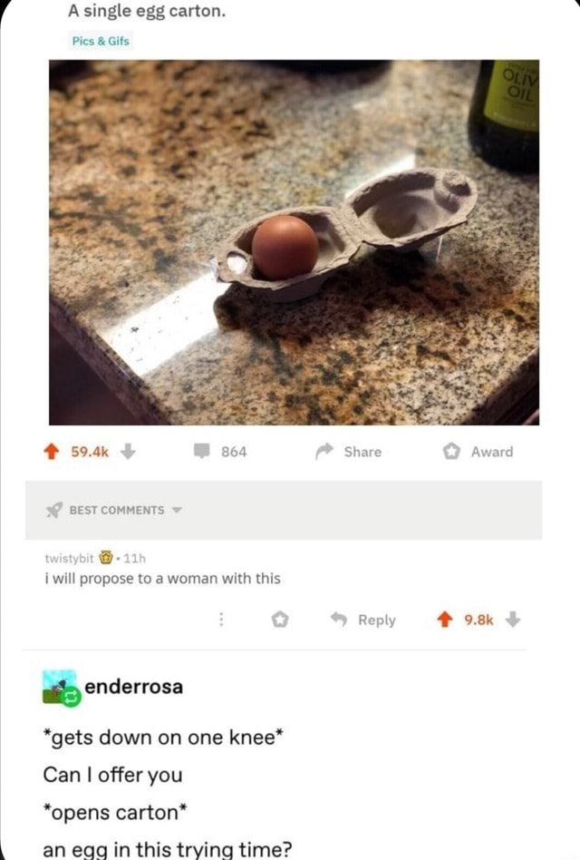 A single egg carton. Pics & Gifs 59.4k 864 Share Award BEST COMMENTS ...