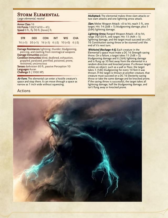 STORM ELEMENTAL Large elemental, neutral Armor Class 16 Hit Points 128 ...