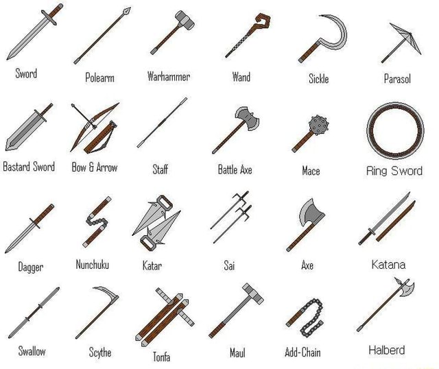 ppp-sword-polearm-warhammer-wand-sickle-parasol-bastard-sword-bow