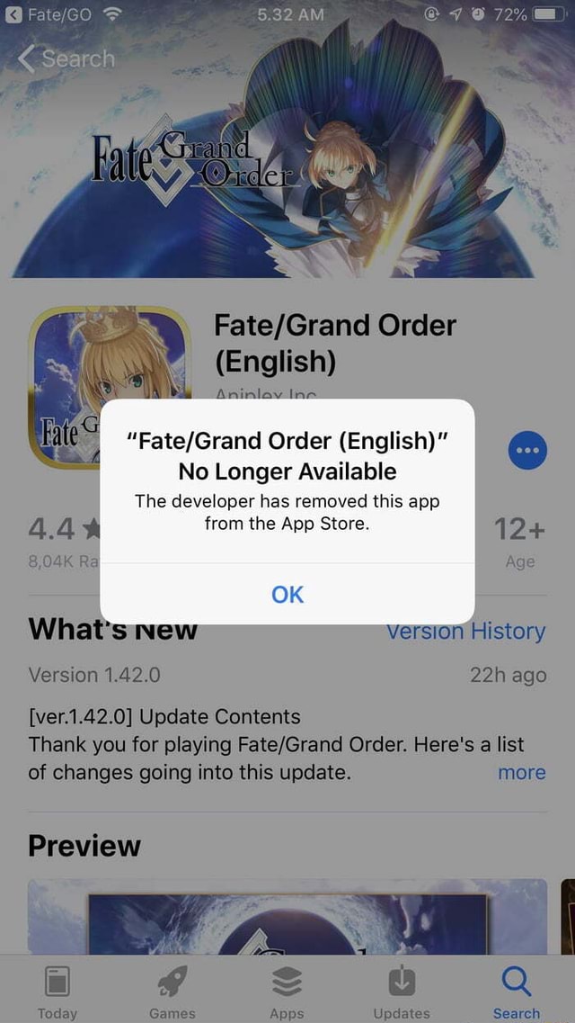 Fate Grand Order No Longer Available The Developer Has Removed This App 4 4 Si From The App Store Ves What S New Version History Ver 1 42 0 Update Contents Thank You For Playing Fate Grand Order Here S