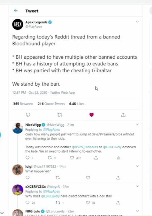 Tweet Regarding Today S Reddit Thread From A Banned Bloodhound Player Bh Appeared To Have Multiple Other Banned Accounts Bh Has A History Of Attempting To Evade Bans Bh Was Partied With
