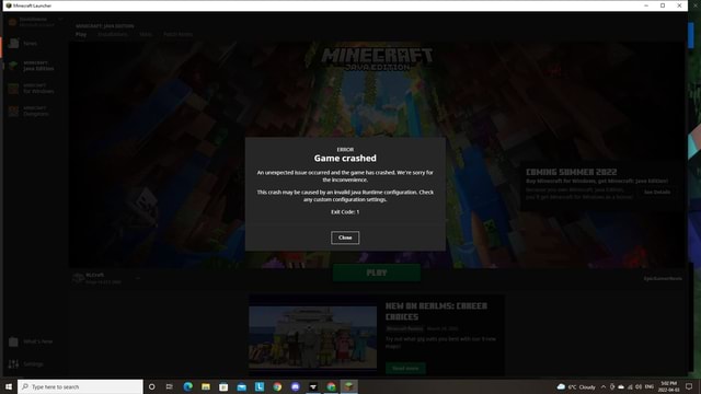 Minecraft Launch ERROR Game crashed An unexpected issue occurred and ...