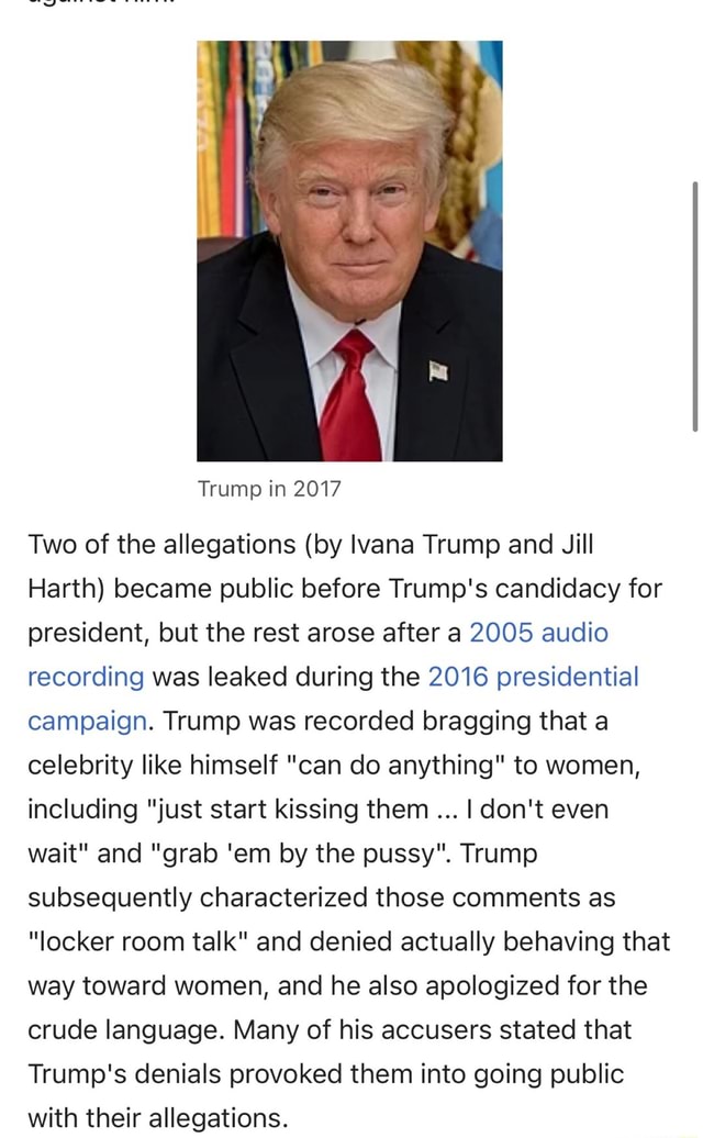 Trump In 2017 Two Of The Allegations (by Lvana Trump And Jill Harth ...