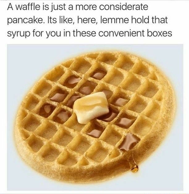 A waffle is just a more considerate pancake. Its like, here, lemme hold