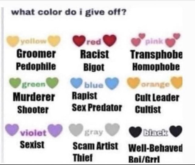 What Color Do I Give Off Groomer Racist Transphobe Pedophile Bigot Homophobe Murderer Rapist 