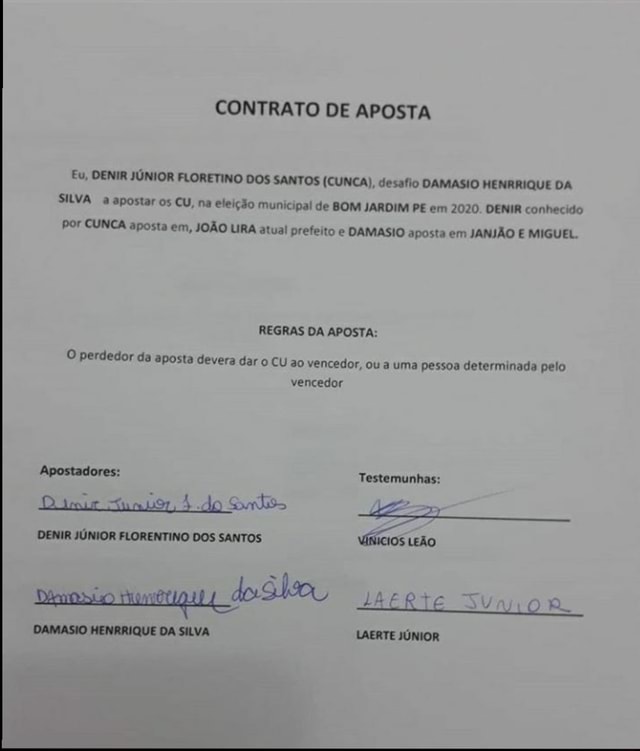 CONTRATO DE APOSTA Eu DENIR JÚNIOR FLORETINO DOS SANTOS CUNCA desafio DAMASIO HENRRIQUE DA