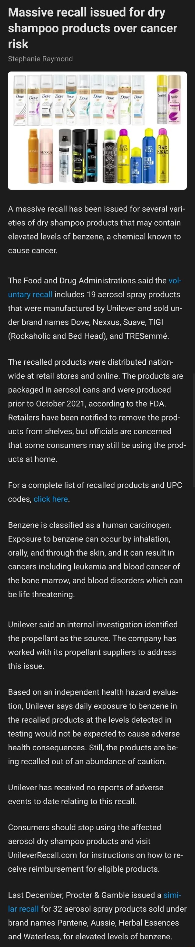 Massive recall issued for dry shampoo products over cancer risk