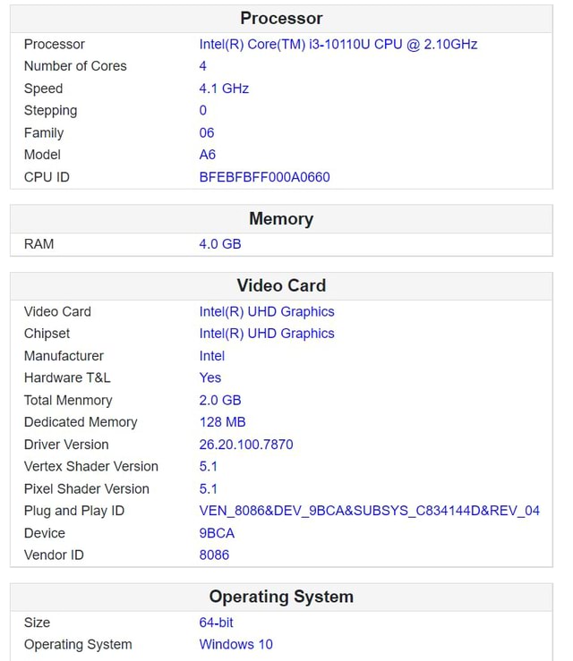 Processor Number of Cores Speed Stepping Family Model CPU ID RAM Video