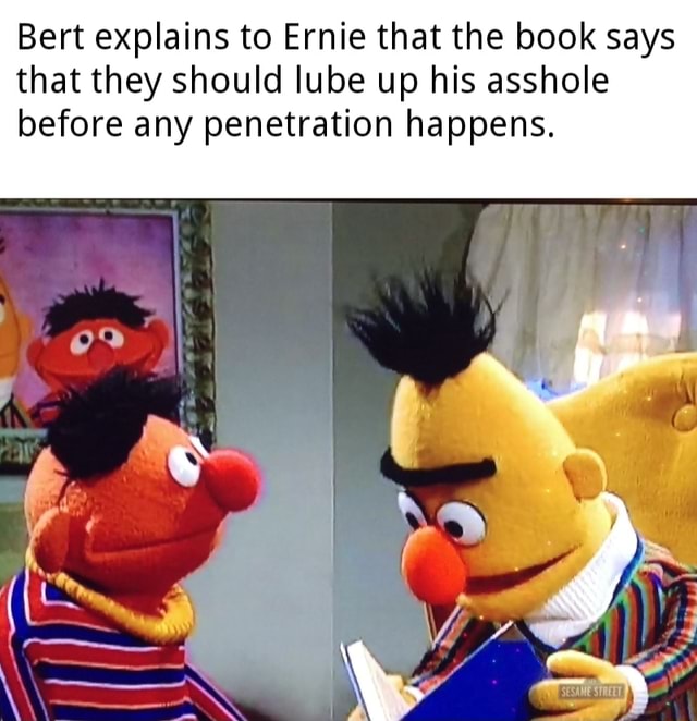 Bert explains to Ernie that the book says that they should lube up his ...