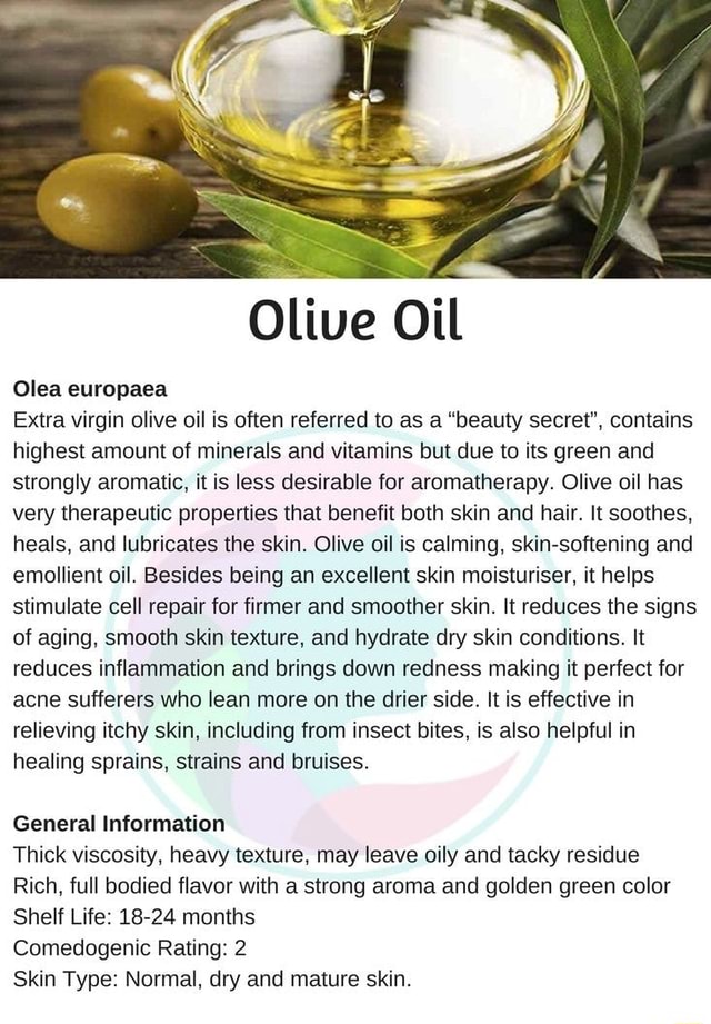 Olive Oil Olea europaea Extra virgin olive oil is often referred to as ...