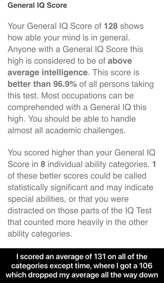General IQ Score Your General IQ Score of 128 shows how able your mind