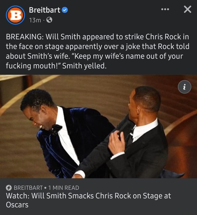 BREAKING Will Smith appeared to strike Chris Rock in the face on stage apparently over a joke that Rock told about Smiths wife photo