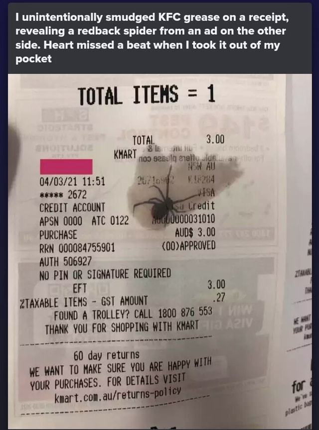 Unintentionally smudged KFC grease on receipt, revealing a redback