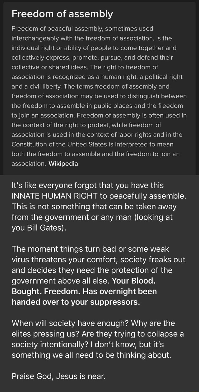 Freedom of assembly Freedom of peaceful assembly, sometimes used ...