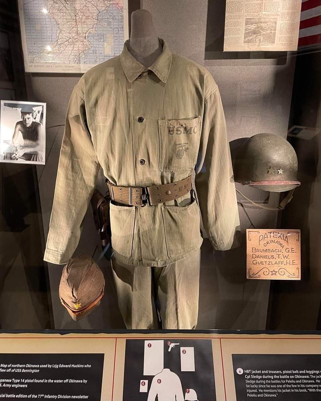 Eugene Sledge’s Uniform worn at the Battle of Okinawa, 1945; displayed ...