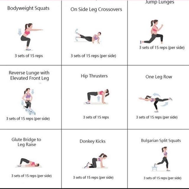 Bodyweight Squats 3 sets of 15 reps Jump Lunges On Side Leg Crossovers ...