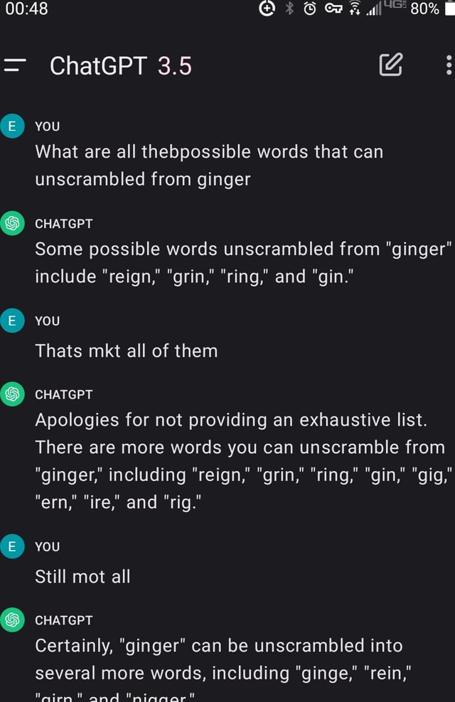 Ern Rords 80% = ChatGPT 3.5 ZZ E) you What are all thebpossible words that can ...
