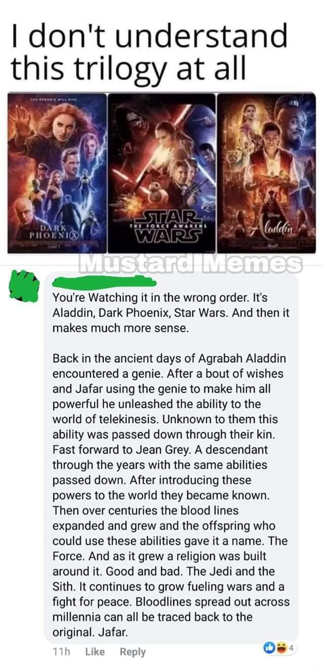 I Don T Understand This Trilogy At All You Re Watching It In The Wrong Order It S Aladdin Dark Phoenix Star Wars And Then It Makes Much Back In The Ancient Days Of Agrabah