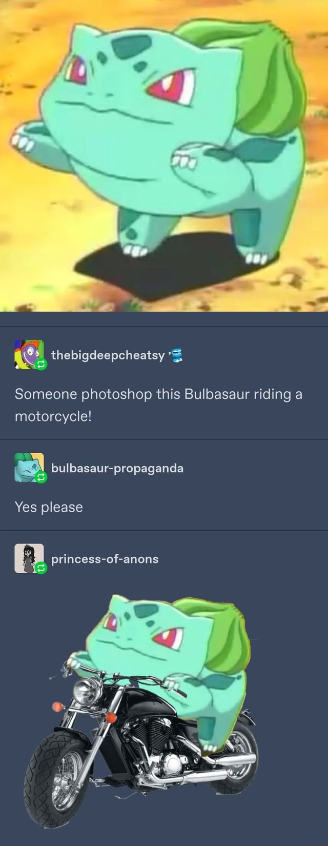Ai thebigdeepcheatsy Someone this Bulbasaur riding a
