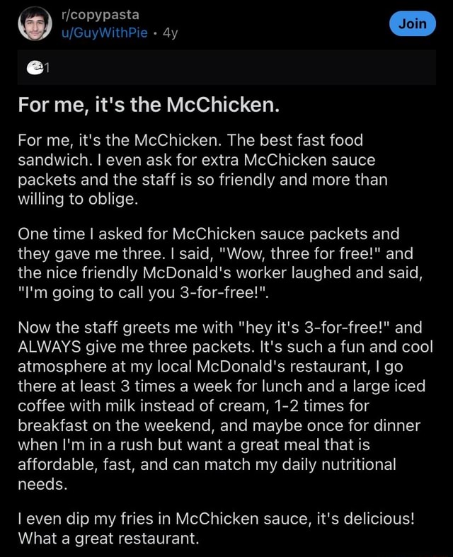 Asta @rs. For me, it's the McChicken. For me, it's the McChicken. The ...
