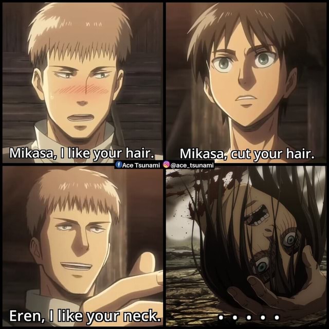 Mikasa, like your hair. Mikasa, cut your hair. Eren, I like your neck. -  iFunny