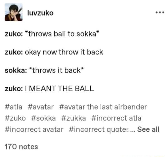 Zuko: *throws ball to sokka* zuko: okay now throw it back sokka ...