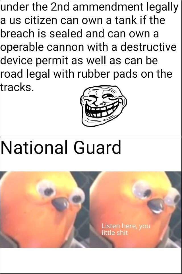 Under the 2nd ammendment legally a us citizen can own a tank if the