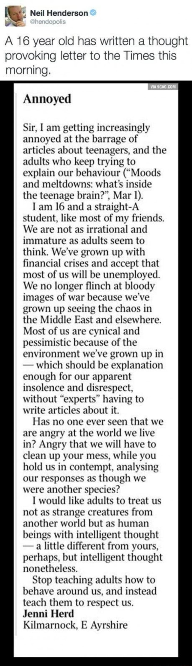 Neil Henderson we A 16 year old has written a thought provoking letter ...