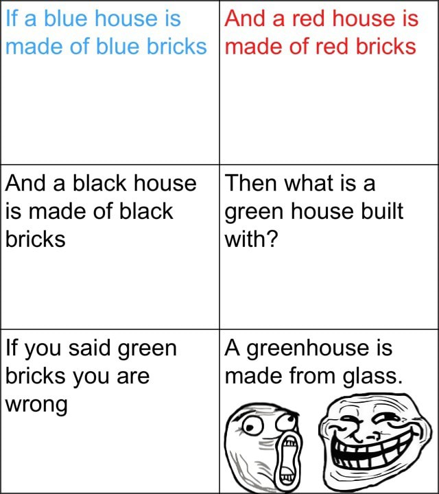 If A Blue House Is Made Of Blue Bricks And A Red House Is Made Of Red Bricks And A Black House Is Made Of Black Bricks Then What Is A Green