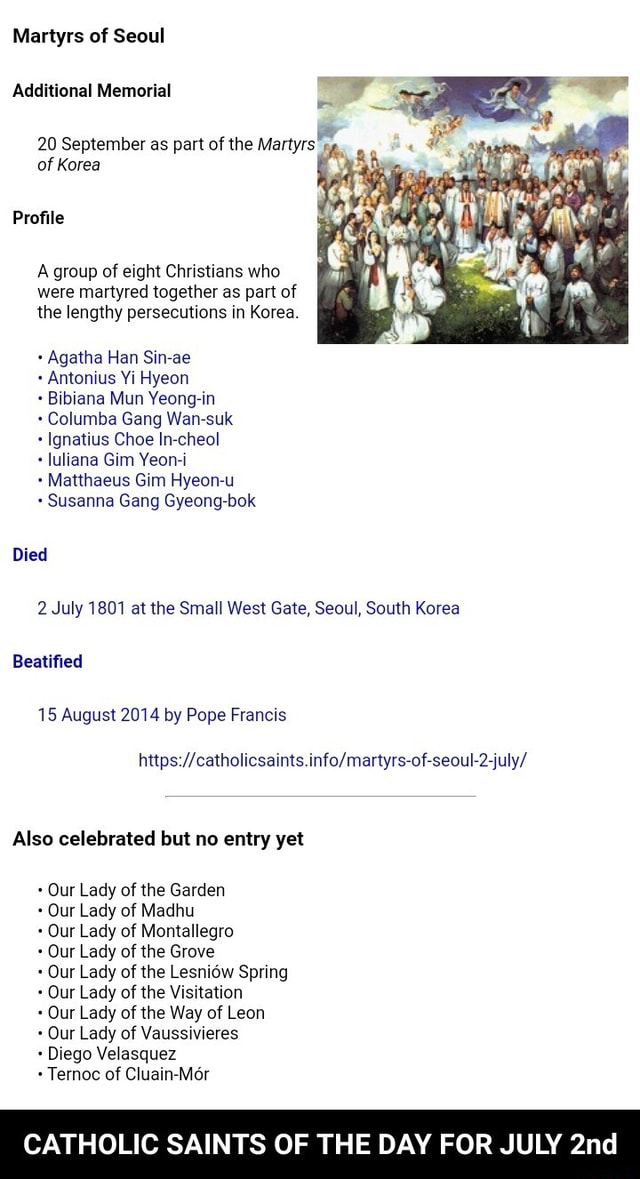 Martyrs of Seoul Additional Memorial 20 September as part of the ...