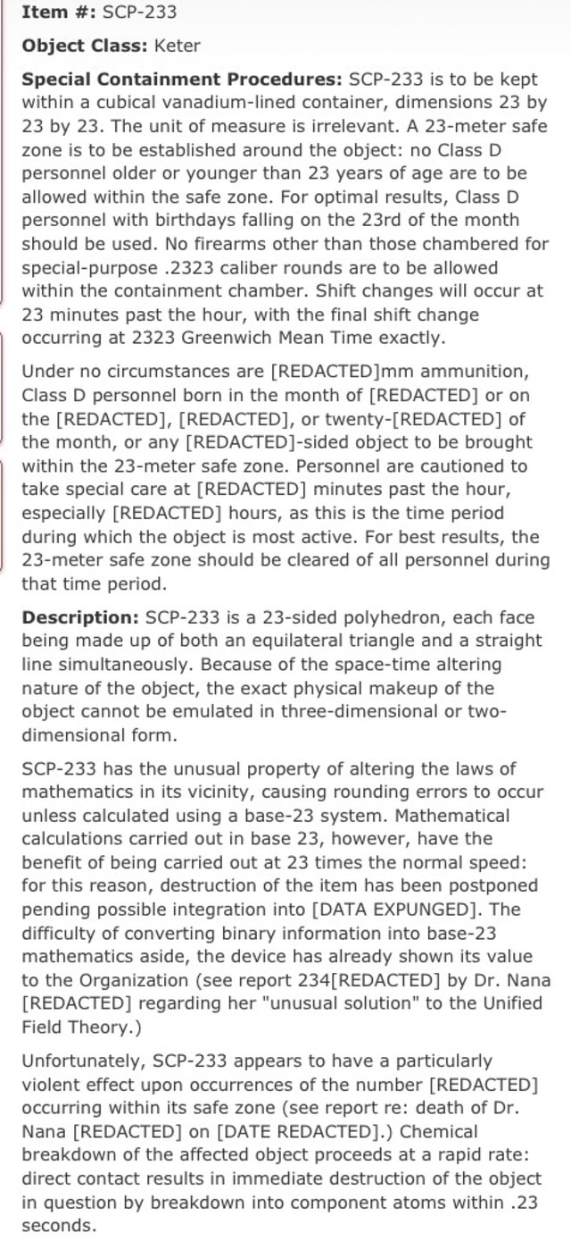 Item Scp 233 Object Class Keter Special Containment Procedures Scp 233 Is To Be Kept Within A Cubical Vanadium Iined Container Dimensions 23 By 23 By 23 The Unit Of Measure Is Irrelevant A